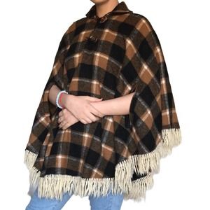 Vintage Wool Plaid Check Collared Cape w/ Fringe